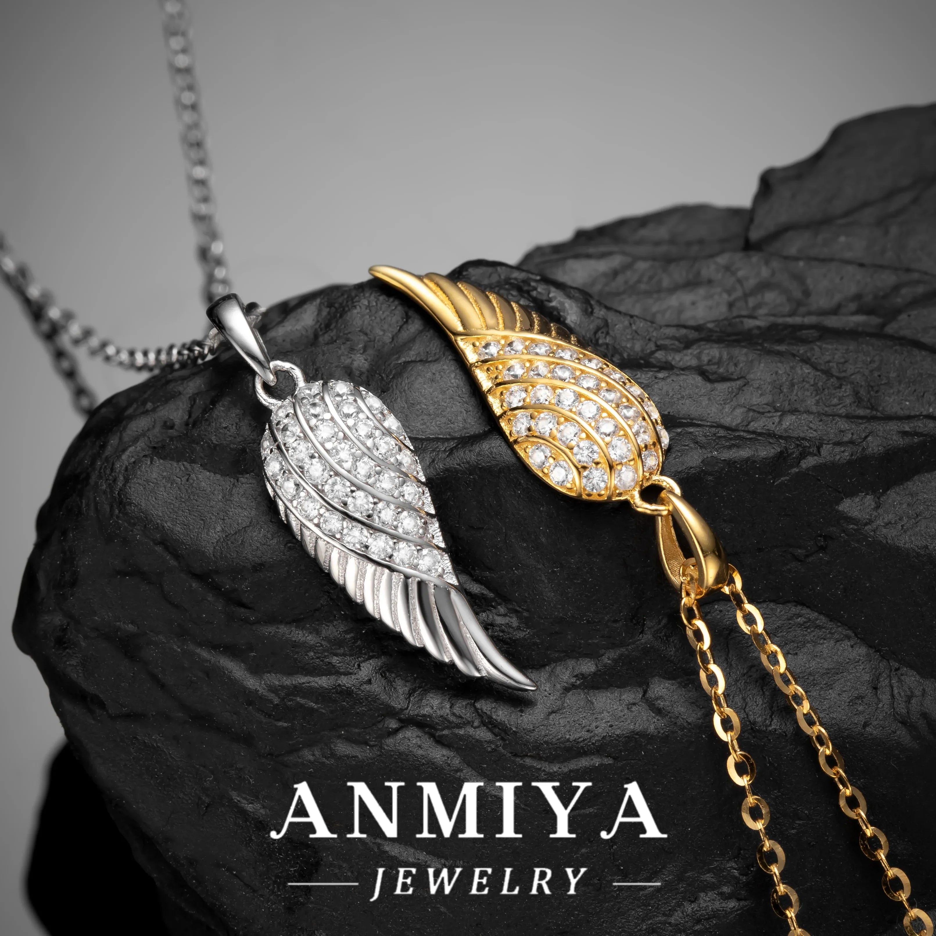 ANMIYA High Class 925 Sterling Silver Necklaces Cubic Zirconia Rhodium Plated Angel Wing Feather Necklace