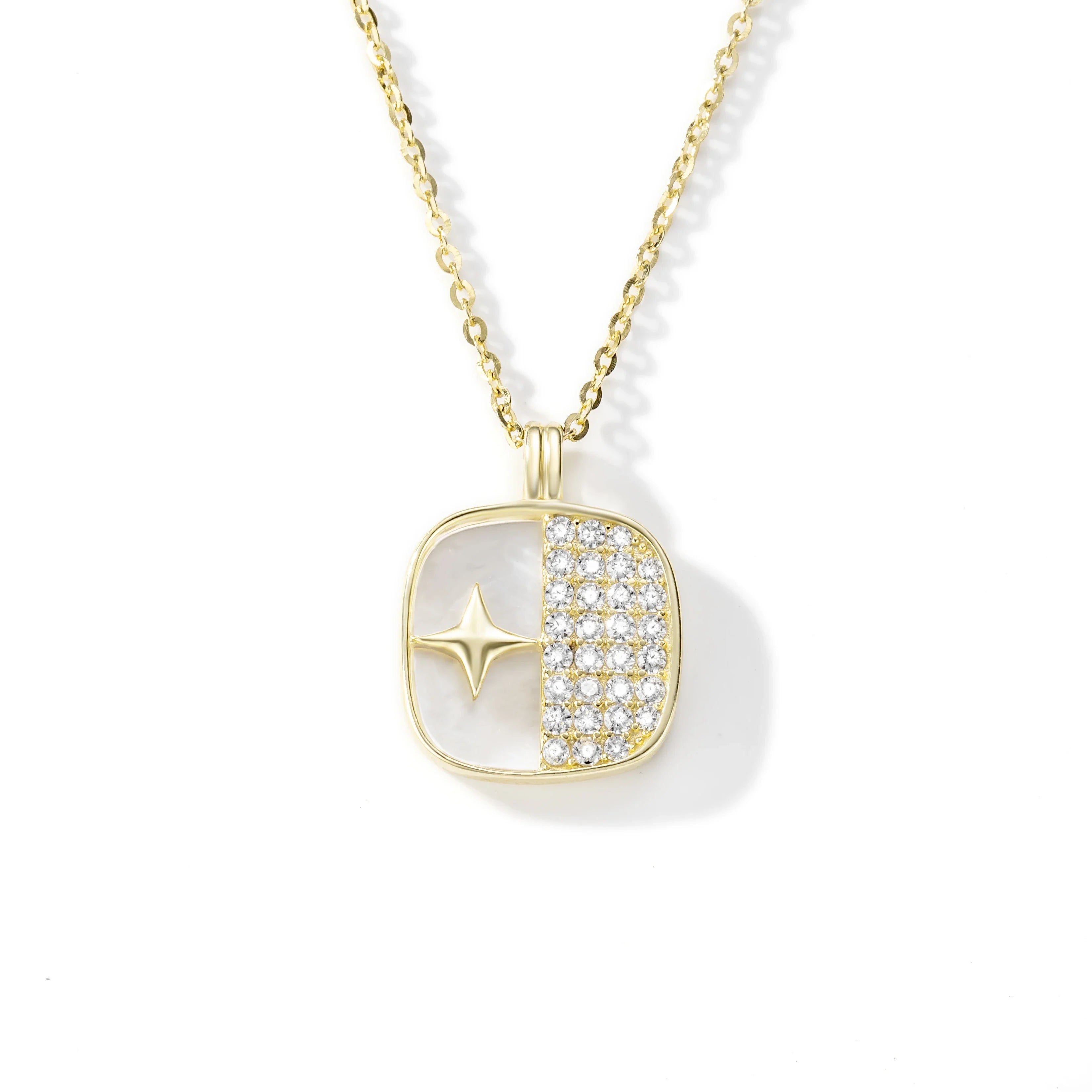 ANMIYA 925 Sterling Silver Minimalist Elegant Necklace Zircon White Shell Square Geometric Design Inoxidable Wedding