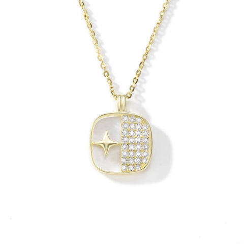 ANMIYA 925 Sterling Silver Minimalist Elegant Necklace Zircon White Shell Square Geometric Design Inoxidable Wedding