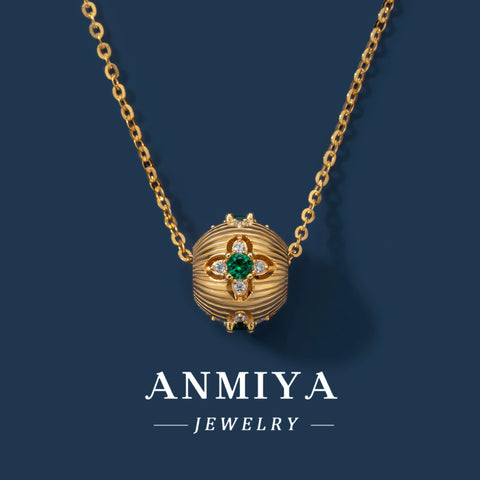 ANMIYA Minimalist 18K Gold Plated Flower Inlay Emerald and Zircon Necklace with Certificate