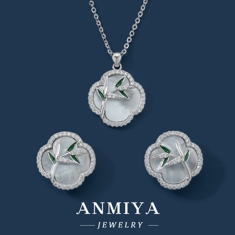 2024 Fashion Hot Sell New Simple Necklace Earrings Jewelry Set 925 Silver Bamboo Clover Jewelry for Women