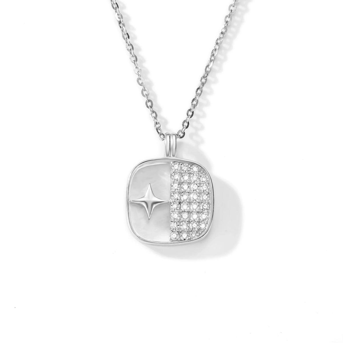 ANMIYA 925 Sterling Silver Minimalist Elegant Necklace Zircon White Shell Square Geometric Design Inoxidable Wedding