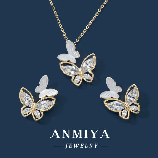 Anniversary Gift 925 Sterling Silver Fashion Jewelry Pendent Necklaces Butterfly Stud Earrings Set Jewelry for Women
