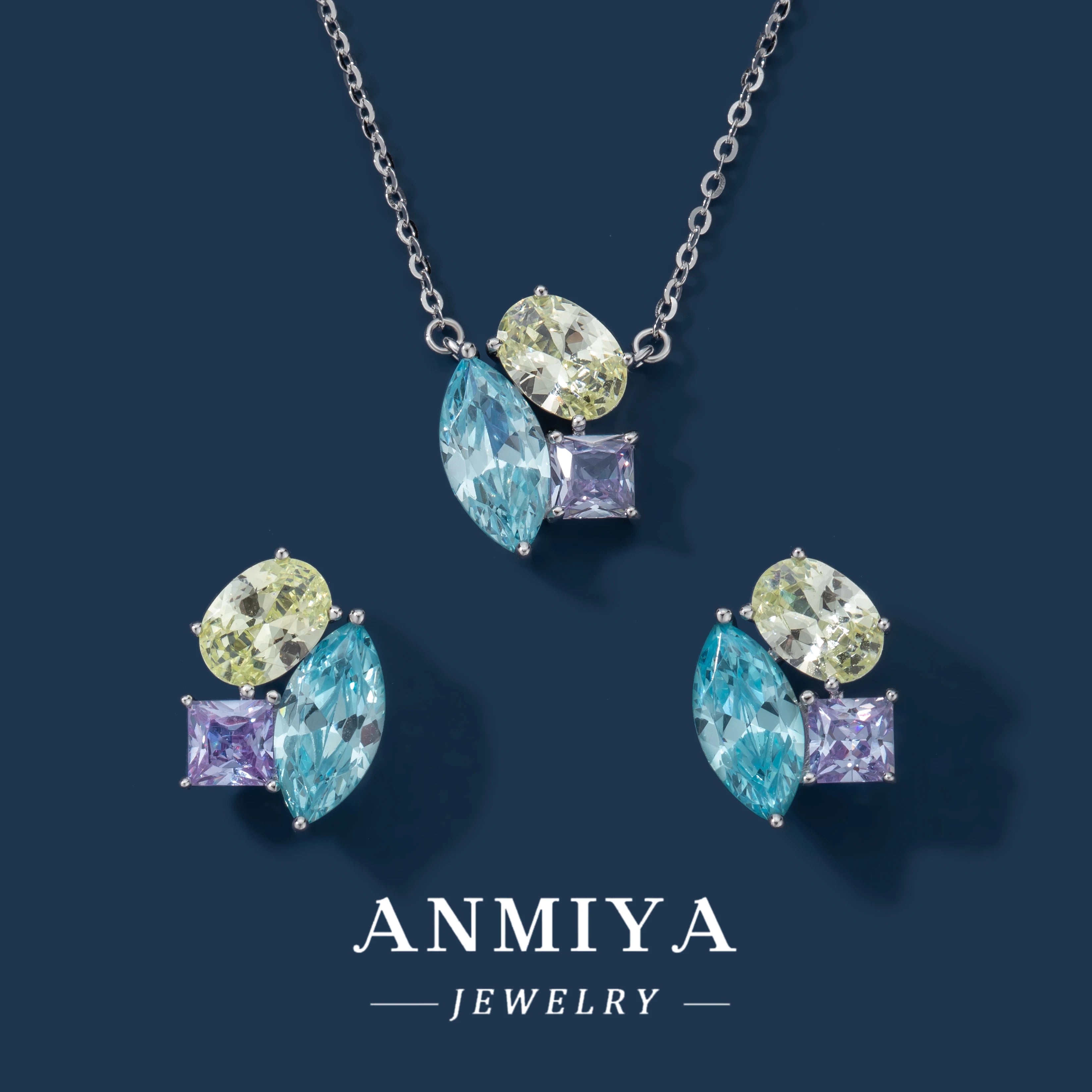 Colored Geometric Zircon round Ice Flower Cut Blue Stone 925 Silver Necklace and Earrings Stud Jewelry Set