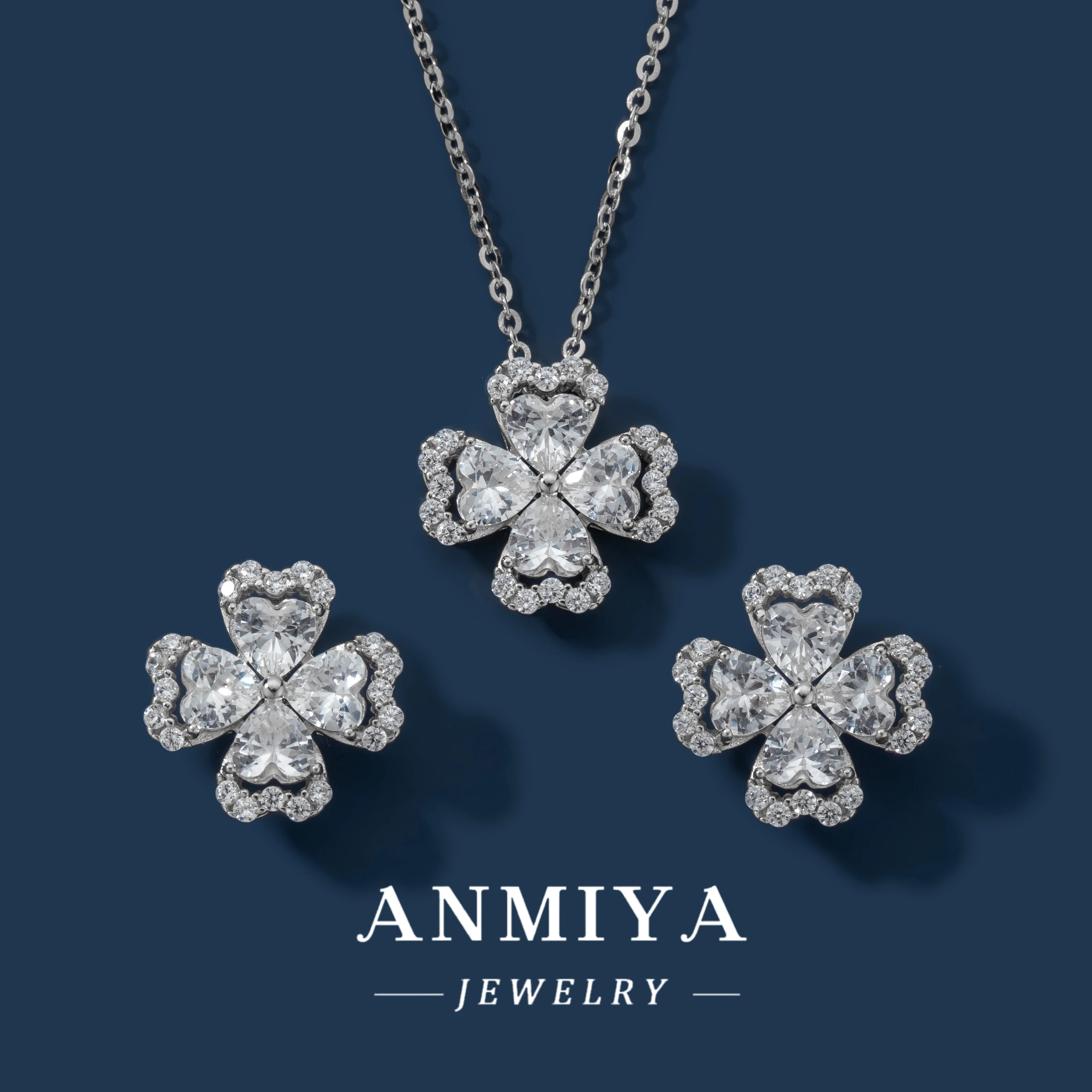 Silver Four-Leaf Clover Necklace Stud Earrings Waterproof Jewelry Four-Leaf Clover Flower Jewelry Sets