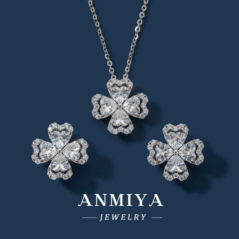 Silver Four-Leaf Clover Necklace Stud Earrings Waterproof Jewelry Four-Leaf Clover Flower Jewelry Sets