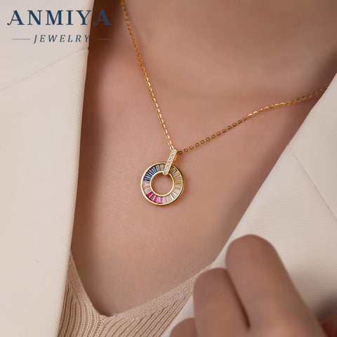 New Design Coloured Zirconia round Pendant Necklace 14K Gold Plated Charm 925 Silver Necklace Jewellery for Women