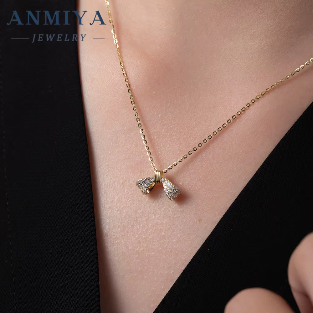 ANMIAY Simple and Fashionable S925 Silver Necklace with Zirconia Sweet and Lovely Girl'S Bow Necklace