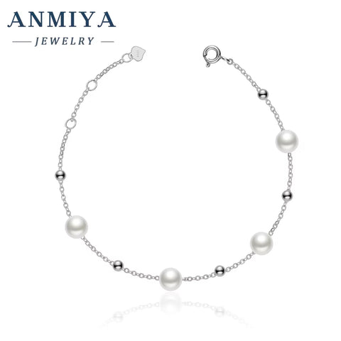 ANMIYA Wholesale Classic Fresh Water Pearls 925 Silver Link Chain Bracelets Hand Chain for Women Ladies Bestfriend Jewelry
