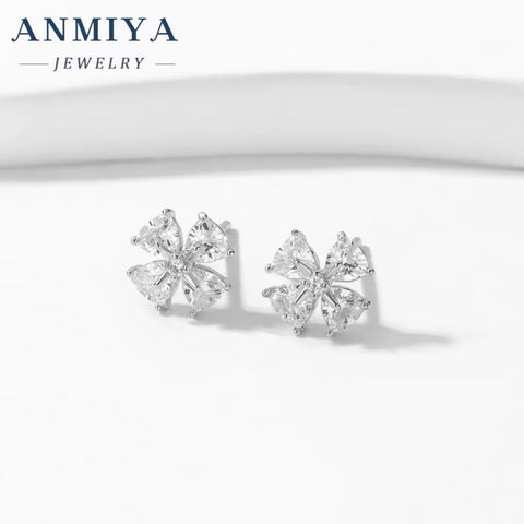 Fashion Silver-Color Tiny White Cubic Zirconia Micro Paved Flower 925 Silver Stud Earrings for Girls