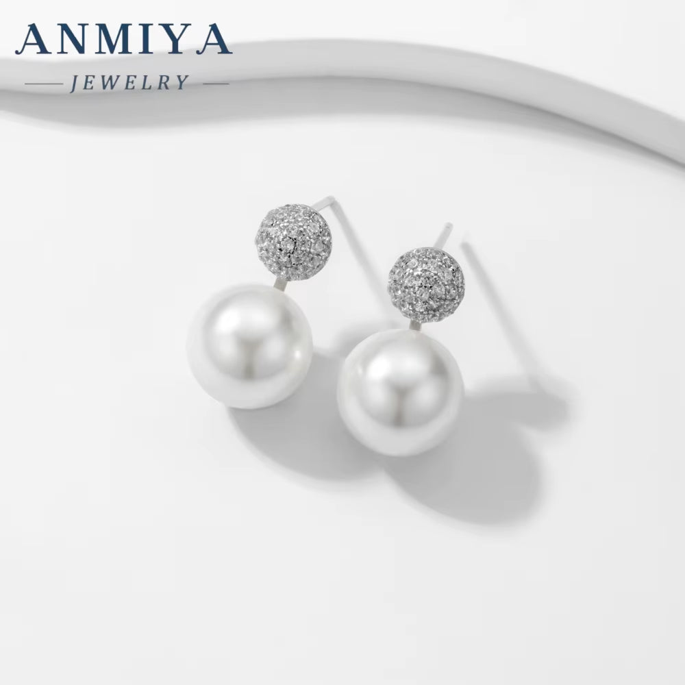 ANMIYA Classic Vintage Fashion 925 Silver Statement Cubic Zirconia Fresh Water Pearls Earrings
