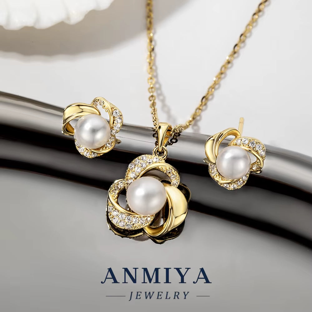 ANMIYA 925 Silver Earrings Jewelry Sets Pearl 18K Gold Plated Shell Pearl Earrings Necklace Jewelry Set