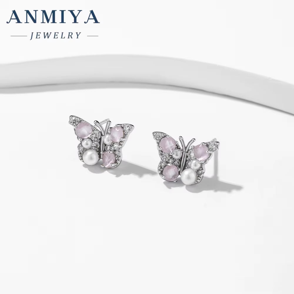 ANMIYA Wholesale Sterling Silver 925 Rhinestone Butterfly Shape Pearl Stud Earrings