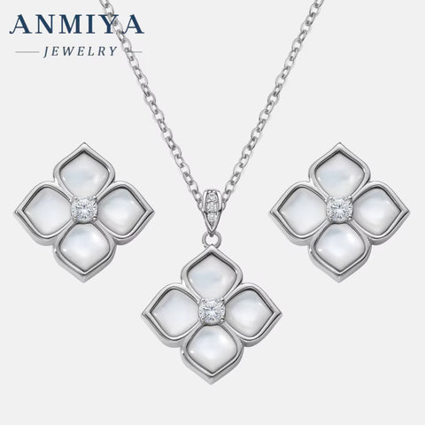 ANMIYA Petal Four Leaf Clover Chalcedony Zircon S925 Silver Minimalist Earrings Necklace Set Jewelry