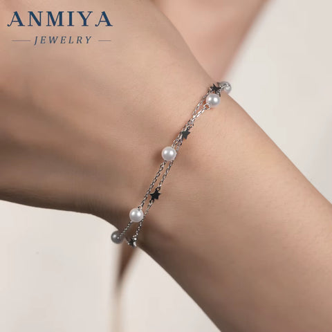 925 Sterling Silver Bracelet with Water Pearl Double Layered Adjustable Link Chain Pearl Bracelets for Women