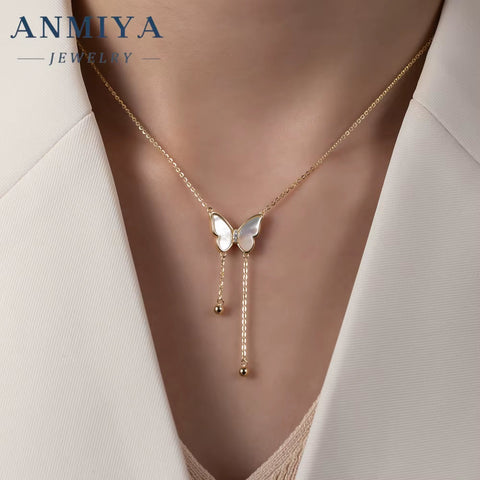 ANMIYA Fashion Jewelry Necklace Female 18K Gold Plated S925 Butterfly Long Tassels Necklace Women