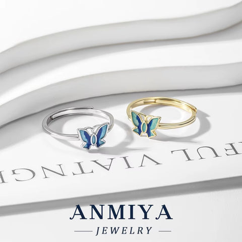 Wholesale Trendy S925 Blue Butterfly Ring, Adjustable Silver Jewelry Bulk Orders for Holiday Gifts, Beach Party