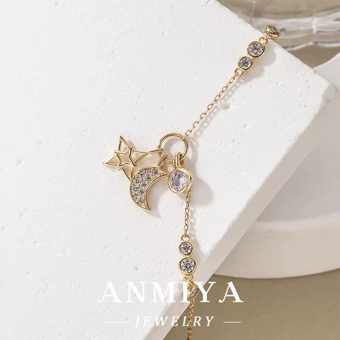 ANMIYA 925 Sterling Silver Moon Star Zircon Hand Chain Bracelet Trendy Unisex Jewelry Women Factory Wholesale Perfect Gift Idea