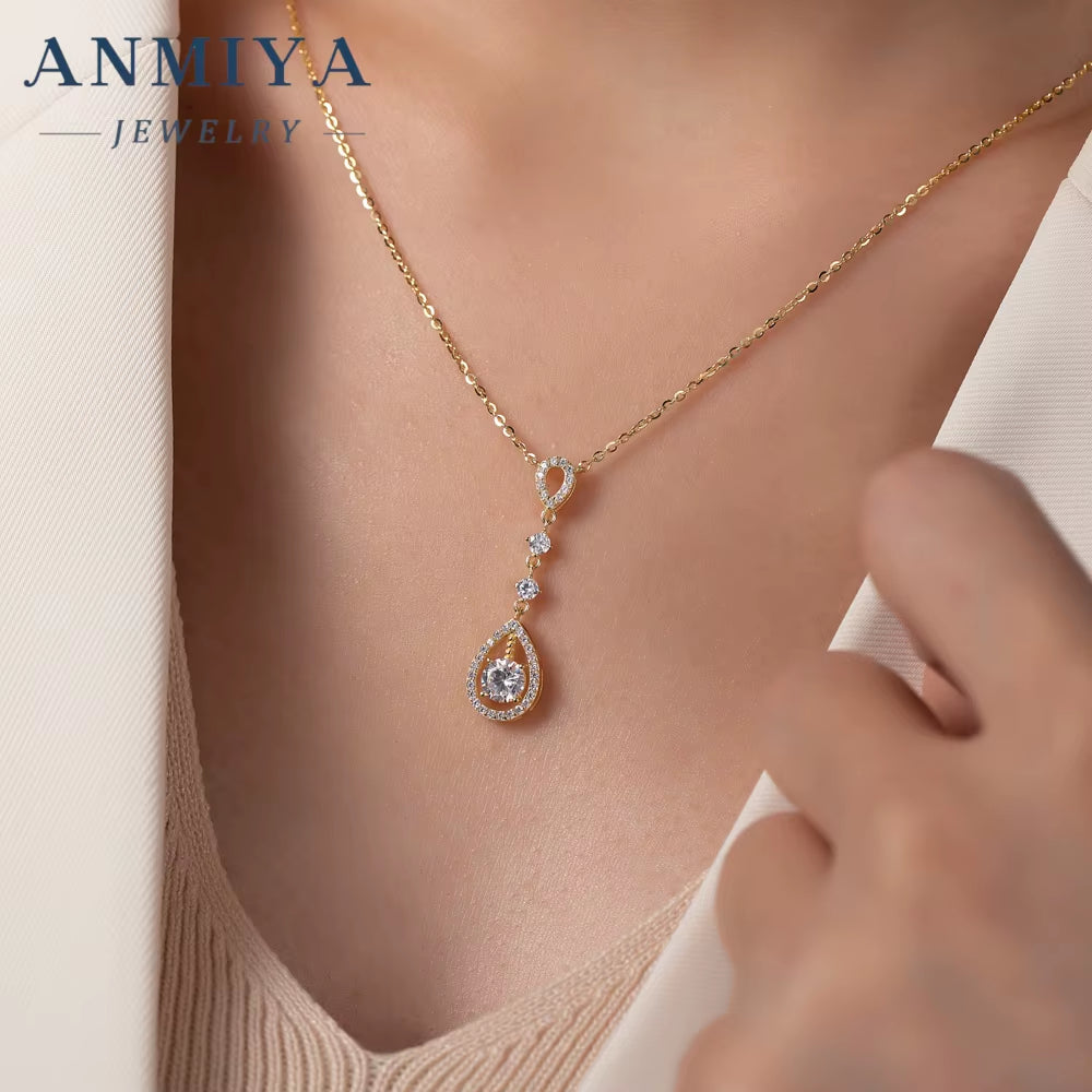 ANMIYA Original 925 Sterling Silver Long Tassel Pear Shape CZ Chain Necklace for Women Wedding Party Jewelry
