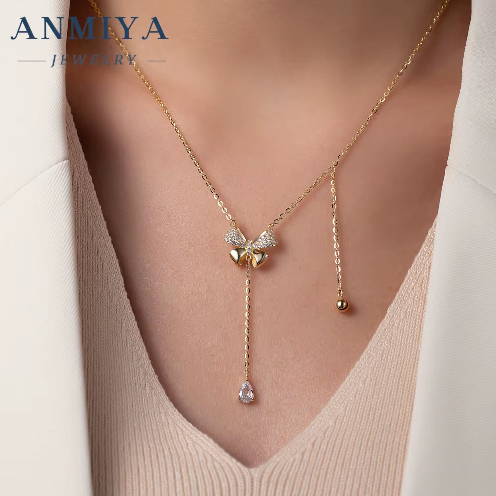 ANMIYA INS Butterfly Pendant Necklace 925 Silver Zircon Crystal Tassel Elegant Butterfly Necklaces for Women Girls