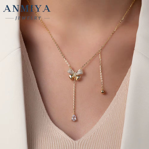 ANMIYA INS Butterfly Pendant Necklace 925 Silver Zircon Crystal Tassel Elegant Butterfly Necklaces for Women Girls