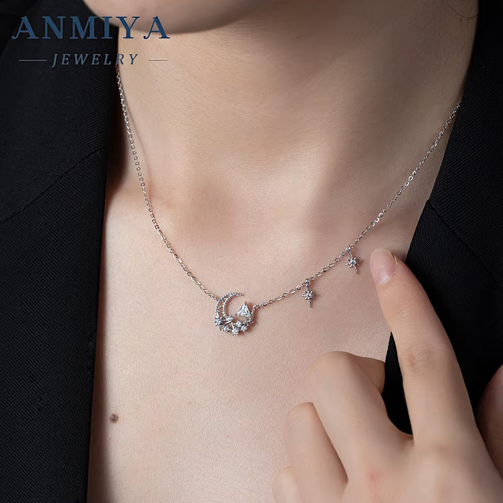 925 Sterling Silver Necklaces Women Fine Jewelry Wedding Accessories Moon Pendant Beads Necklace Wholesale