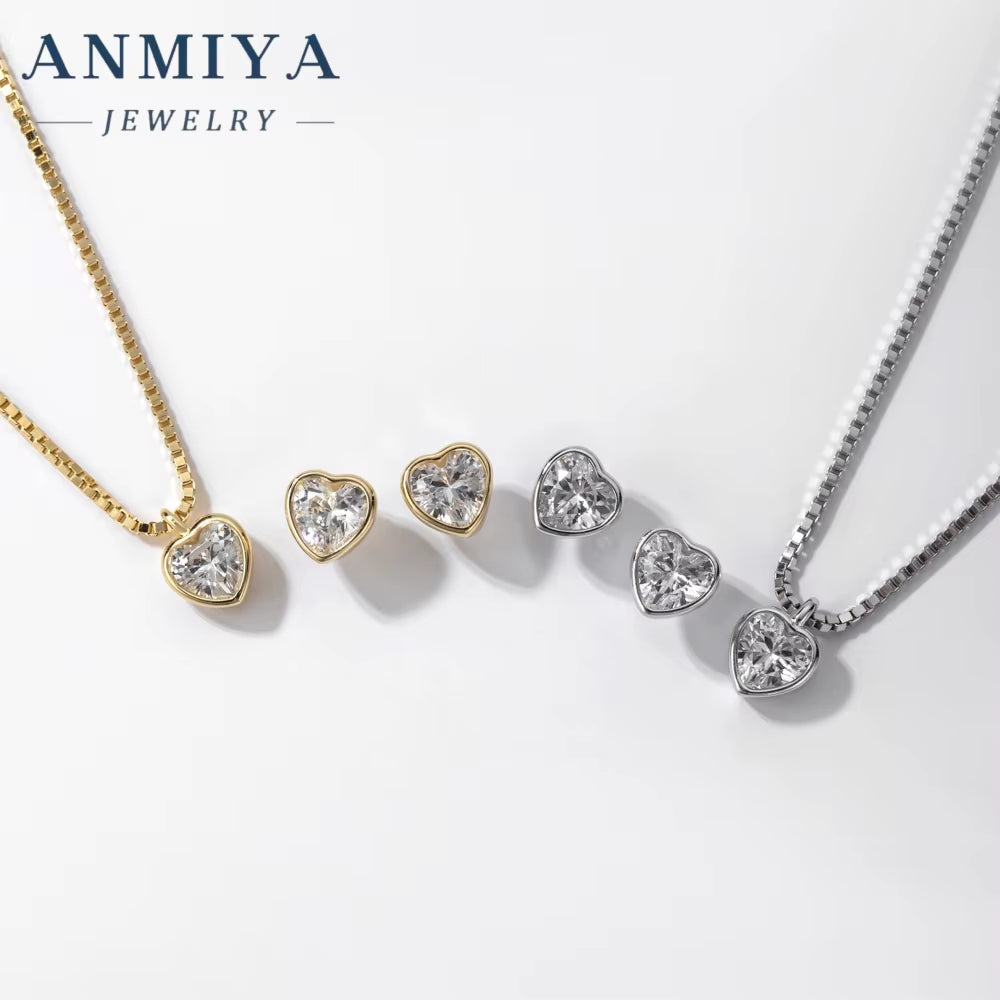 ANMIYA Luxury 2024 Fashion New 925 Silver Charm Necklace Heart Zircon Stone Earrings Necklace Set for Women