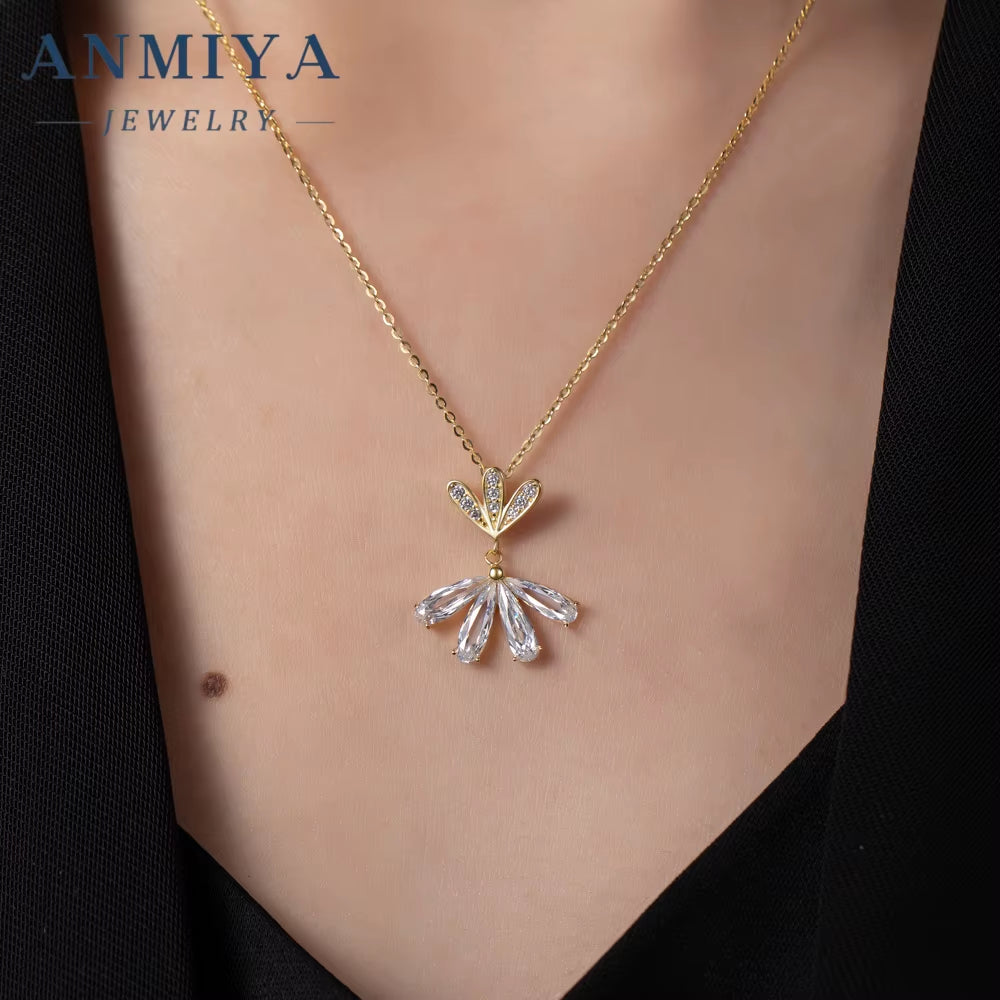ANMIYA Fine Jewelry Statement Flower Shape Zircon 925 Sterling Silver Shiny Necklace for Women