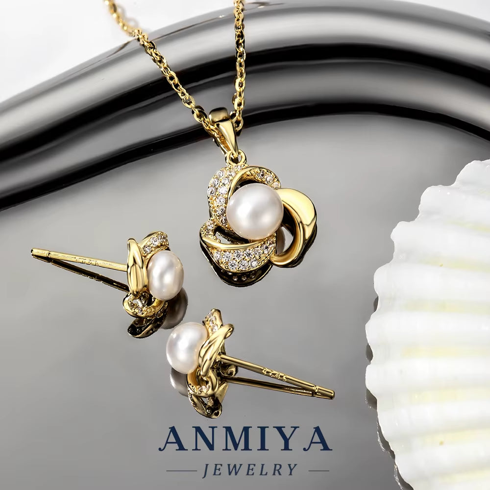ANMIYA 925 Silver Earrings Jewelry Sets Pearl 18K Gold Plated Shell Pearl Earrings Necklace Jewelry Set