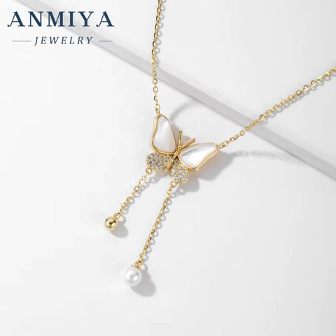 ANMIYA Fashion Zircon White Shell Butterfly Pendant Fringe Necklace 925 Silver Gold Plated Necklace for Women