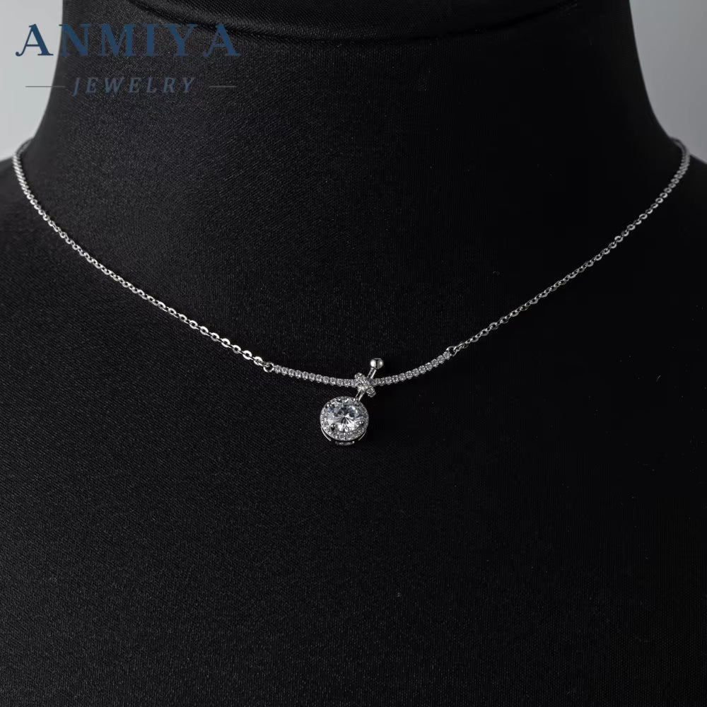 Luxury Silver Plated Shiny round Shaped Zircon Pendant 925 Silver Necklace Women for Banquet Wedding Gift