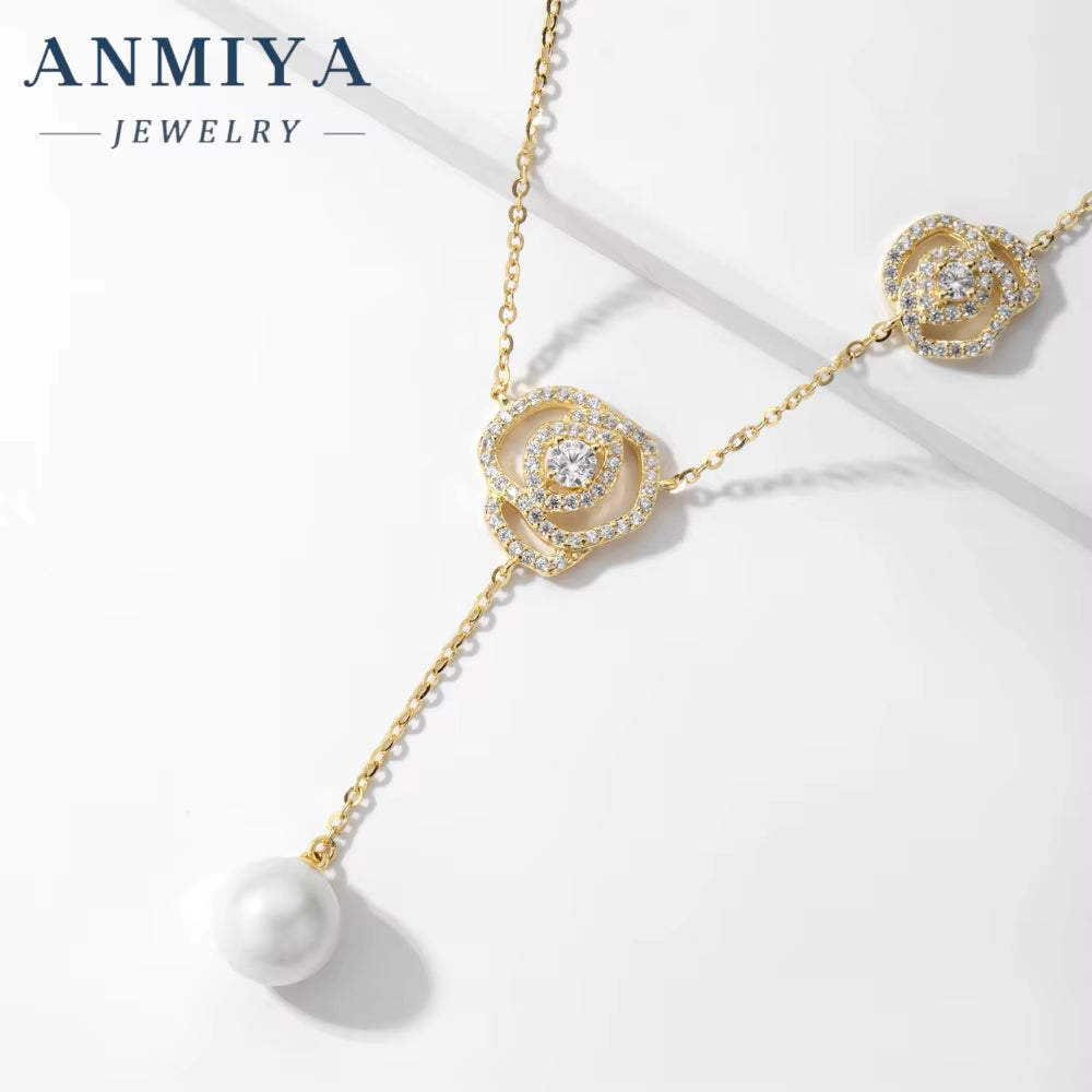 ANMIYA 18K Gold Plated Minimalist New Design Rose Flower Pendant Charm 925 Silver Cute Zircon Pearl Necklace Wedding Gift