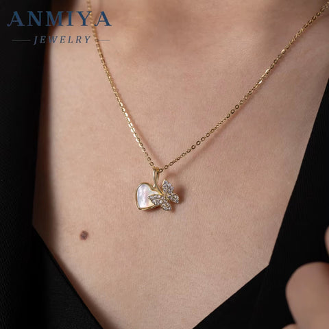 ANMIYA Shiny High Quality 925 Sterling Silver 18K Gold Butterfly and Heart Shape Fashion Necklace