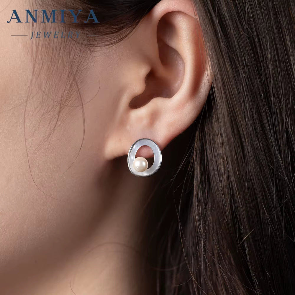 2024 Elegant White Pearl Diamond Stud Earrings Jewelry Geometric Silver Earrings for Women