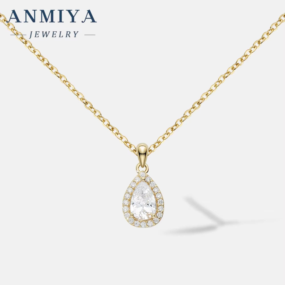 ANMIYA Classic 925 Sterling Silver Water Drop Pendant 5A Cubic Zircon Chain Necklace for Girl Fine Jewelry Set