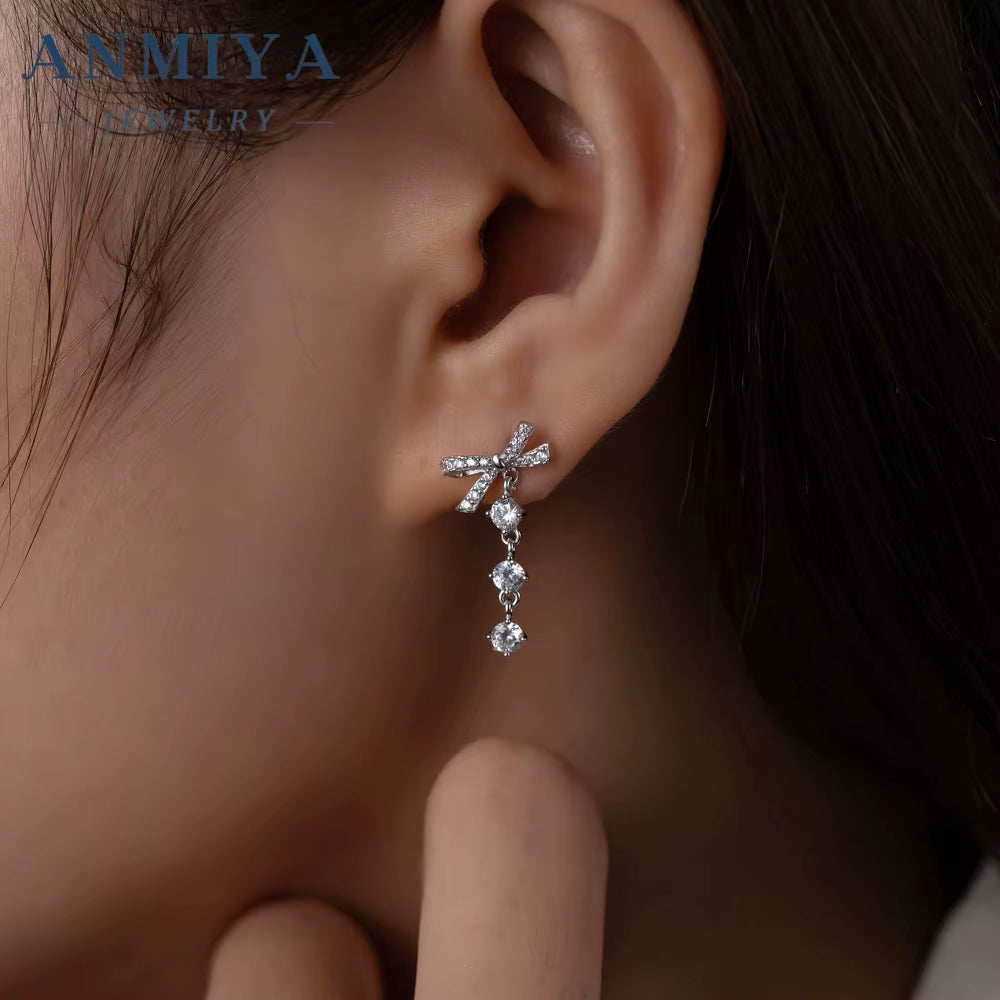 Fine Jewelry 925 Sterling Silver Bowknot Zircon Tassel Stud Earrings Women 925 Silver Earring for Women