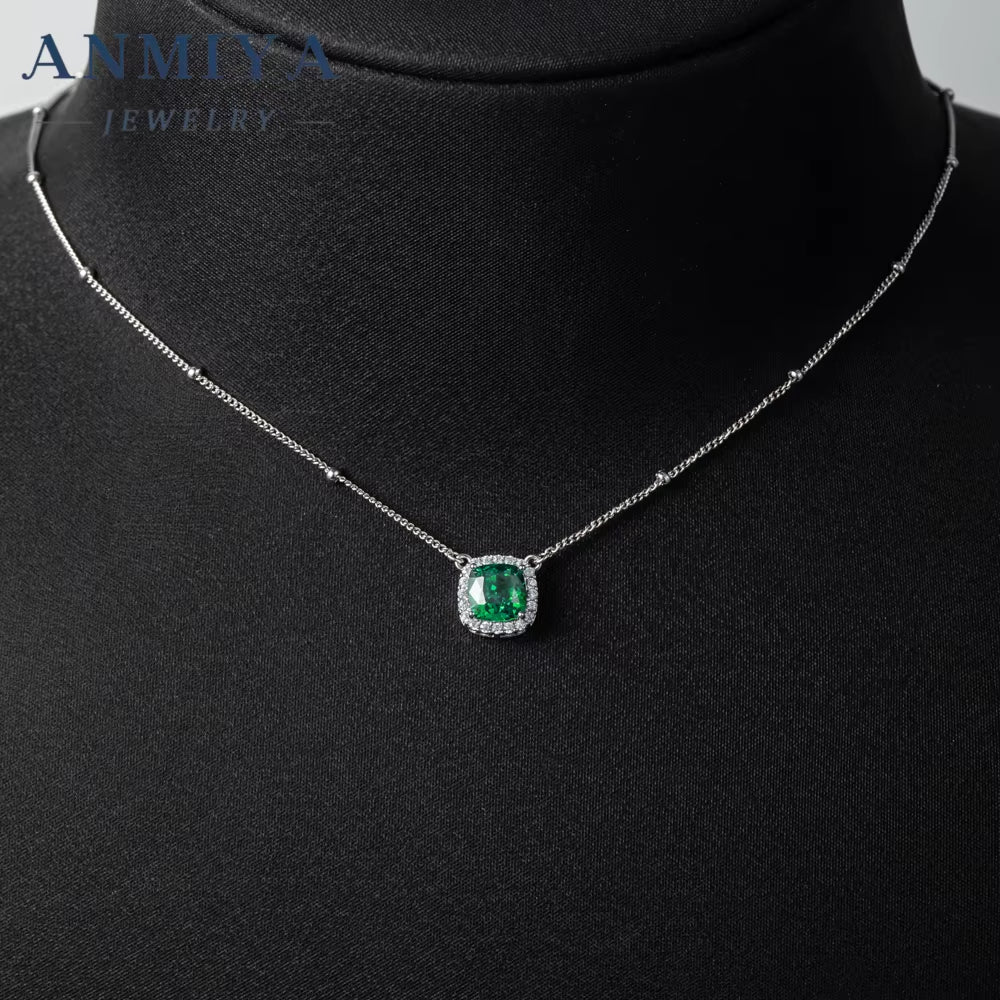 ANMIYA 925 Sterling Silver Cubic Zirconia Cushion Cut Fancy Green Diamond Pendant Necklace