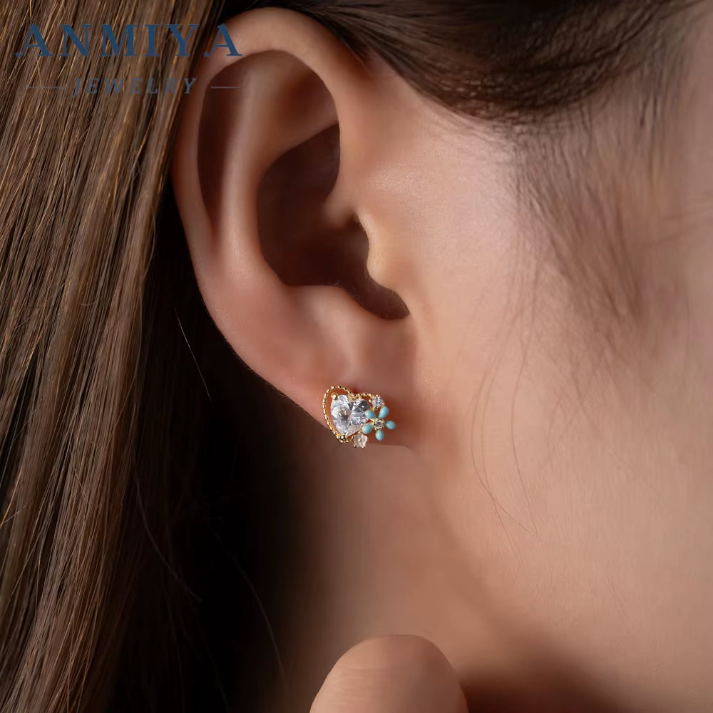 INS Hot Sales Fine Jewelry 925 Sterling Silver Big Zircon Glaring White Blue Flower Cute Girl Earrings