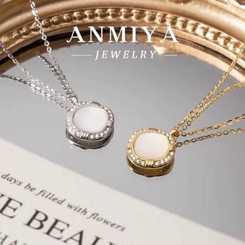 ANMIYA 925 Sterling Silver 14K Gold-Plated round Pendant White Shell Elegant Design Necklaces