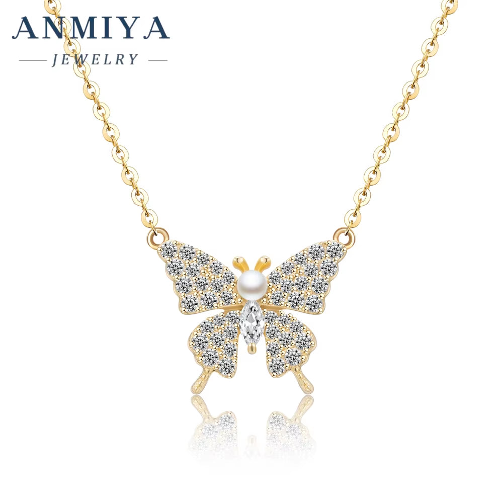 ANMIYA Fine Jewelry 925 Sterling Silver Necklace 18K 14K Gold Plated Butterfly Shape Charm Necklace