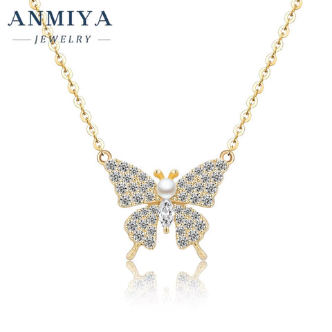 ANMIYA Necklace Golden Plating Fashion Women Jewelry 925 Sterling Silver Butterfly Necklace