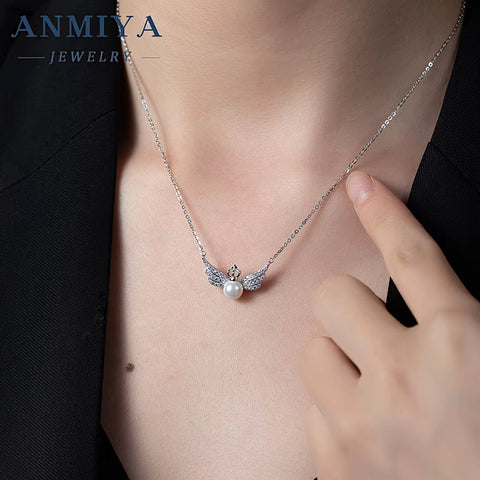 ANMIYA Crown Wing Couple Necklace Fresh Water Pearls 100% 925 Silver Fashion Chains Necklaces for Girlfriend