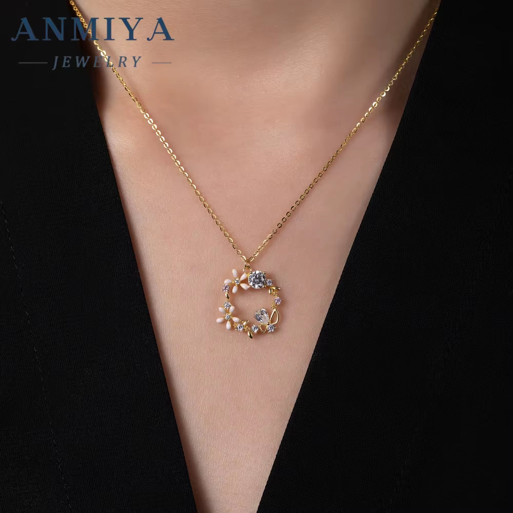 ANMIYA Best Selling Wholesale Flower and Zircon Garland Shape Zirconia 925 Silver Necklace Earrings Set for Women