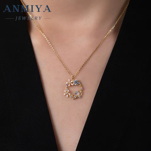 ANMIYA Best Selling Wholesale Flower and Zircon Garland Shape Zirconia 925 Silver Necklace Earrings Set for Women