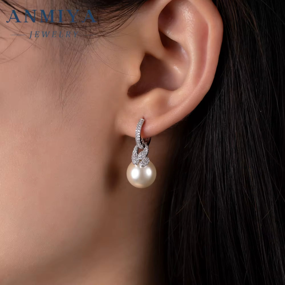 ANMIYA Wholesale 925 Sterling Silver Statement Fresh Water Pearl Cubic Zirconia Pearl Hoop Earrings