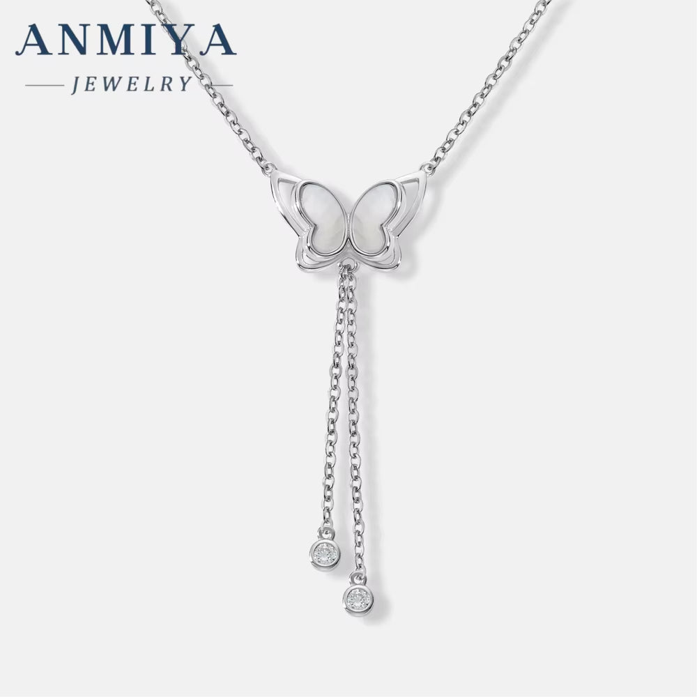 ANMIYA Butterfly Long Tassels White Shell Famale Necklace 18K Gold Plated 925 Silver Adjustalbe Necklace for Women
