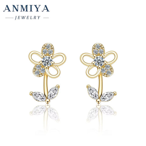 Bling Cubic Zirconia Flower Golden Stud Earrings 925 Sterling Silver Fashion Shiny Jewelry Waterproof Stud Earrings for Women