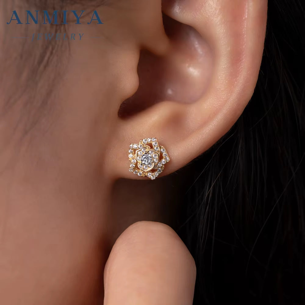 Women White or Rose Gold Plated White Zircon Roses Flowers S925 Necklace and Earrings Set Dubai Gold Jewelry Set