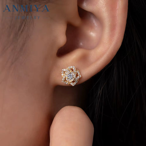 Women White or Rose Gold Plated White Zircon Roses Flowers S925 Necklace and Earrings Set Dubai Gold Jewelry Set