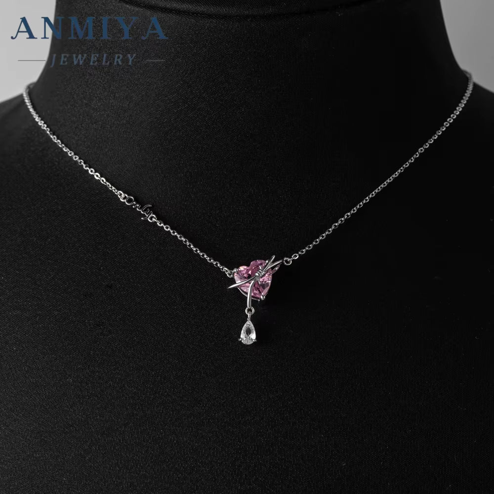 ANMIYA Fashion Jewelry Pink Heart Zircon Charm 925 Sterling Silver Necklace for Girlfriend Girl